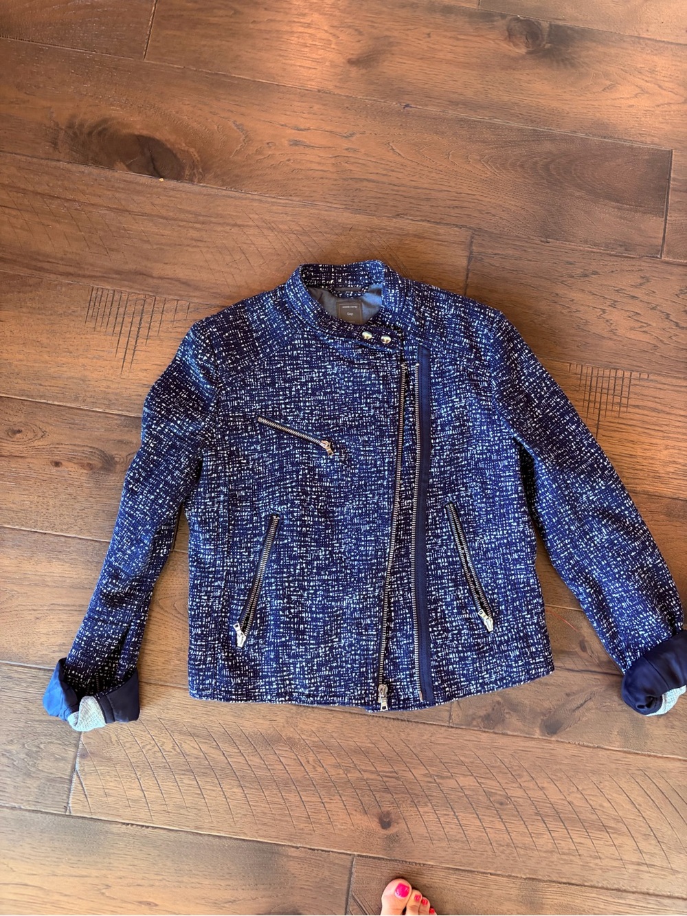 Gap Tweed Moto Jacket Womens Small Navy Blue White Asymmetrical Zip Blazer